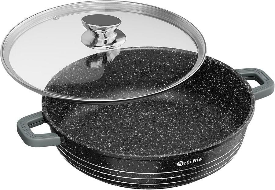 Gegoten Aluminium Serveerpan met Antiaanbaklaag 32 cm Inductie Geschikt Inclusief Glazen Deksel