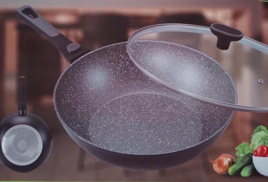 Gegoten Aluminium Wok Koekenpan Snel Koken Afneembare Handgreep 32 cm Zwart