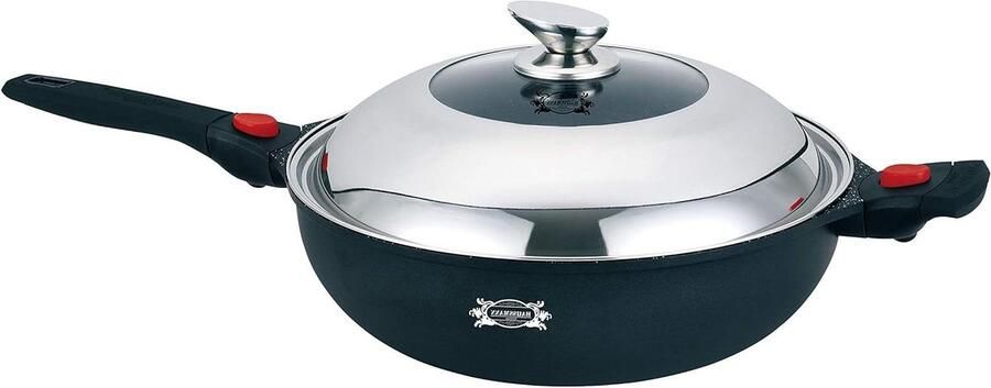 Gegoten Aluminium Wok Roerbakpan Inductie Gezond Koken Afneembare Handgreep 32 cm Zwart