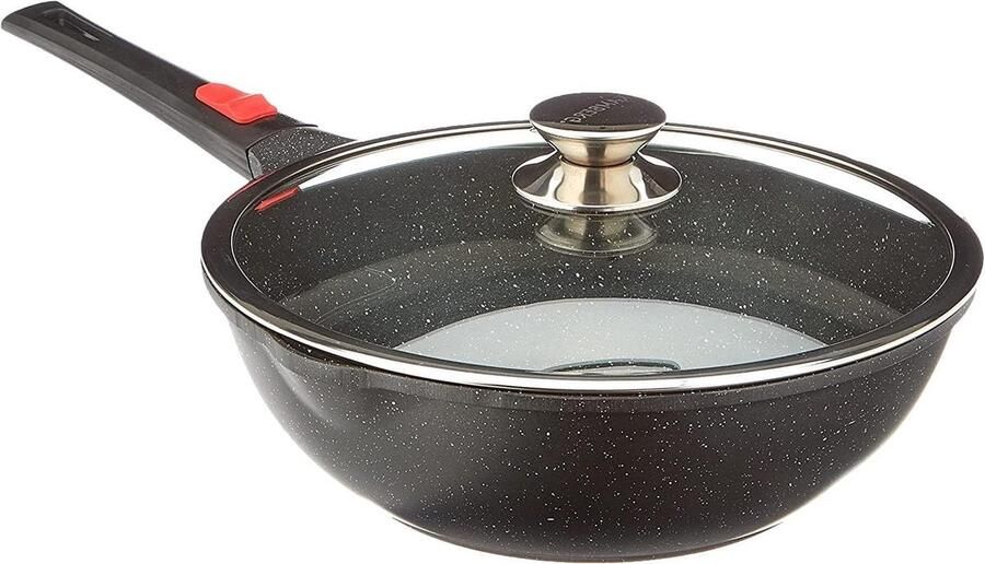 Gegoten Aluminium Wok Roerbakpan met Deksel Aziatisch Koken Afneembaar Handvat 28 cm Diameter Zwart - Foto 1