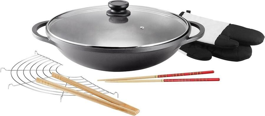 Gegoten Aluminium Wok Roerbakpan met Deksel Aziatisch Koken ILAG Anti-aanbaklaag Ø 36 cm Zwart
