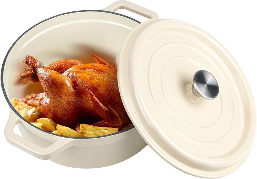 Gegoten Braadpan Casserole Pan Langzaam Garen Circulerende Warmte 6.5 QT Beige