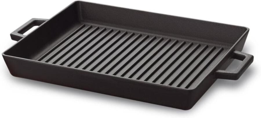 Gegoten Grillpan Grillplaat Koekenpan Buiten Koken Twee Handvatten 26 x 32 cm Zwart