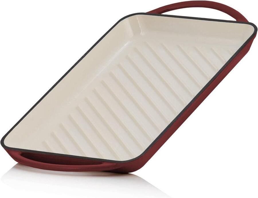 Gegoten Grillplaat Gietijzeren Pan Koken en Grillen Geribbelde Roosteroppervlak 39.5 cm Lengte Donkerrood
