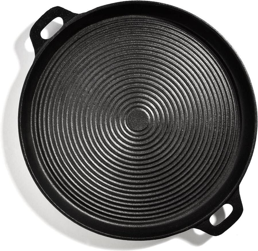 Gegoten IJzeren Grillplaat Gietijzeren Pan Ronde Pan Grillen en Bakken Geribbeld Bakvlak 35 cm Diameter Zwart