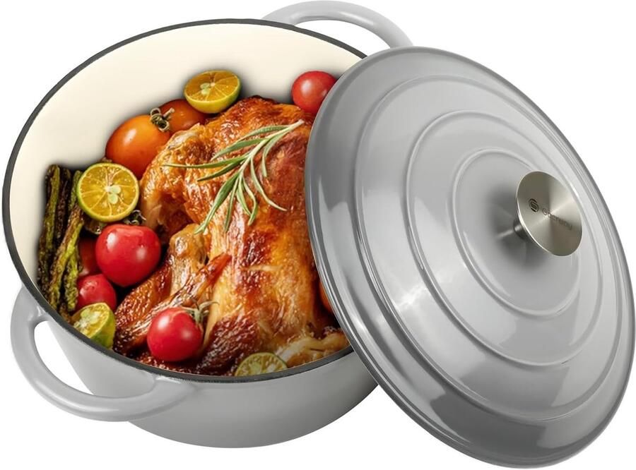 Gegoten IJzeren Pan Stoofpan Deksel Langzaam Koken Gelijkmatige Warmte 4.5 Quart Grijs