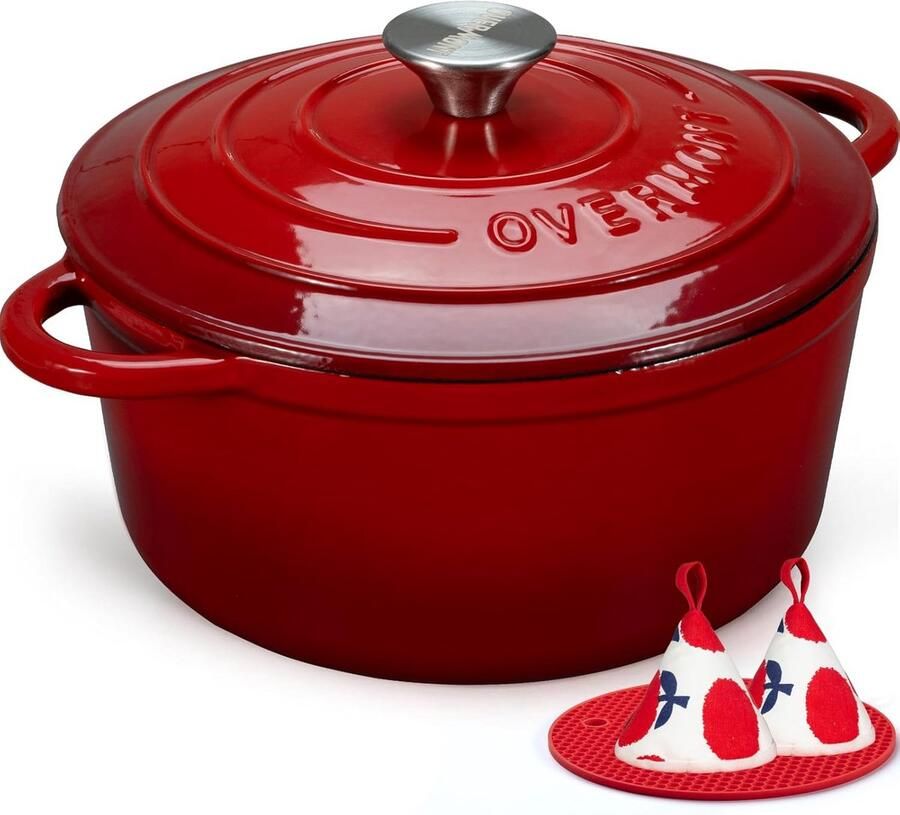 Gegoten IJzeren Pan Stoofpan Langzaam Garen Gelijkmatige Warmte 5.5 Liter Rood