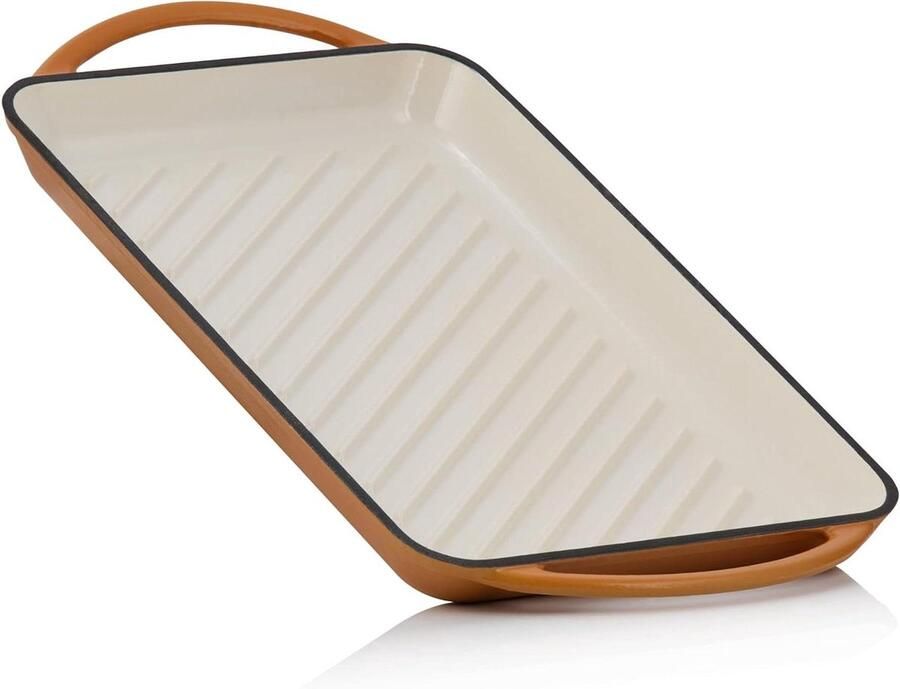 Geglaceerde Grillplaat Gietijzeren Pan Vlees Grillen Ribbeloppervlak 39.5 cm Oranje