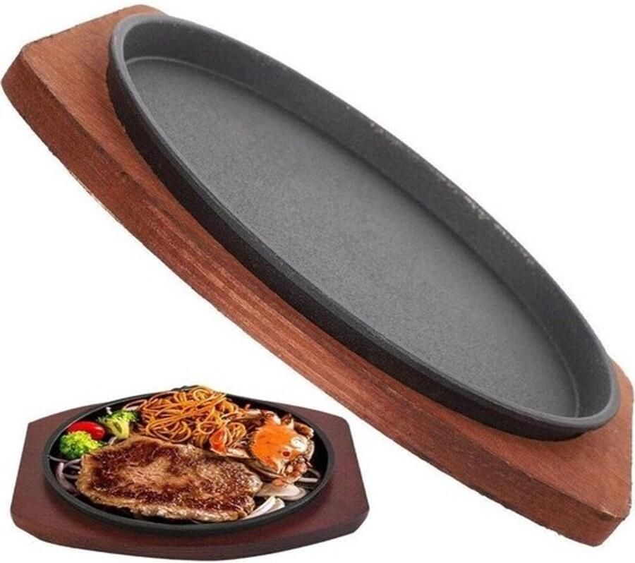 Gegoten Steak Plaat Sizzle Bakplaat Nonstick Fajita Koekenpan Server Plaat Met Houten Base Steak Plaat Pizza Oven BBQ Accessoires