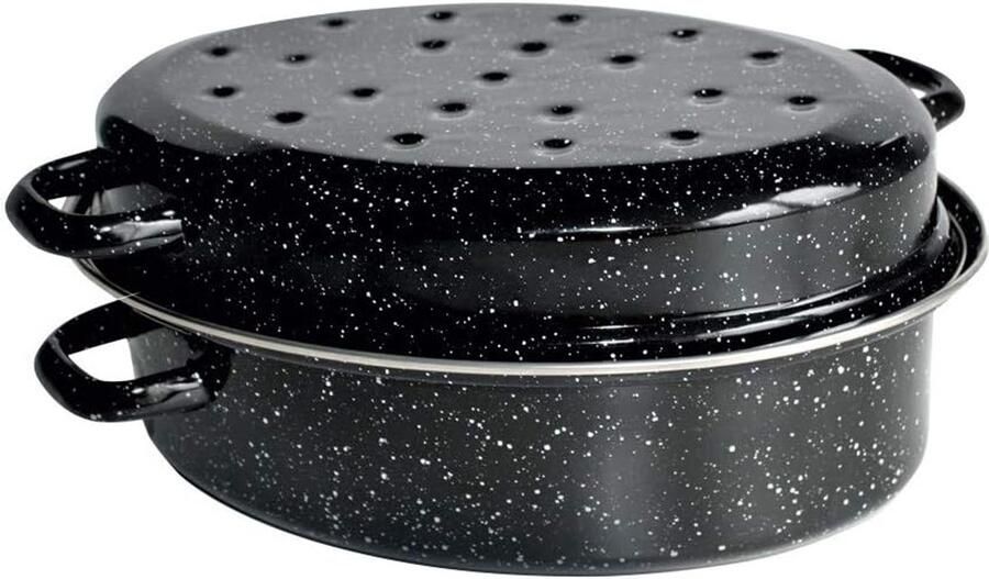Gegoten Steen Pan Grillpan Koekenpan Koken op Inductie Zwarte Emaille Afwerking 38 cm Diameter Zwart Gespikkeld