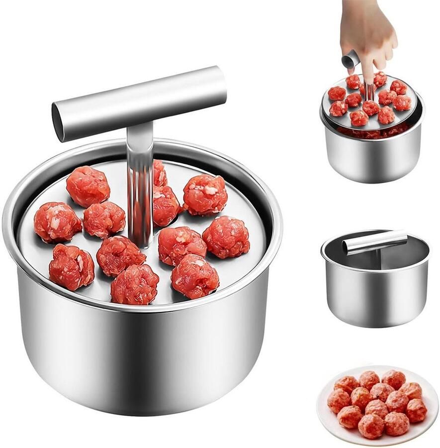 Gehaktbalmaker gemaakt van roestvrij staal maakt 12 gehaktballen tegelijk. Geschikt voor keukens en restaurants. Afmetingen: 14 x 8 5 cm