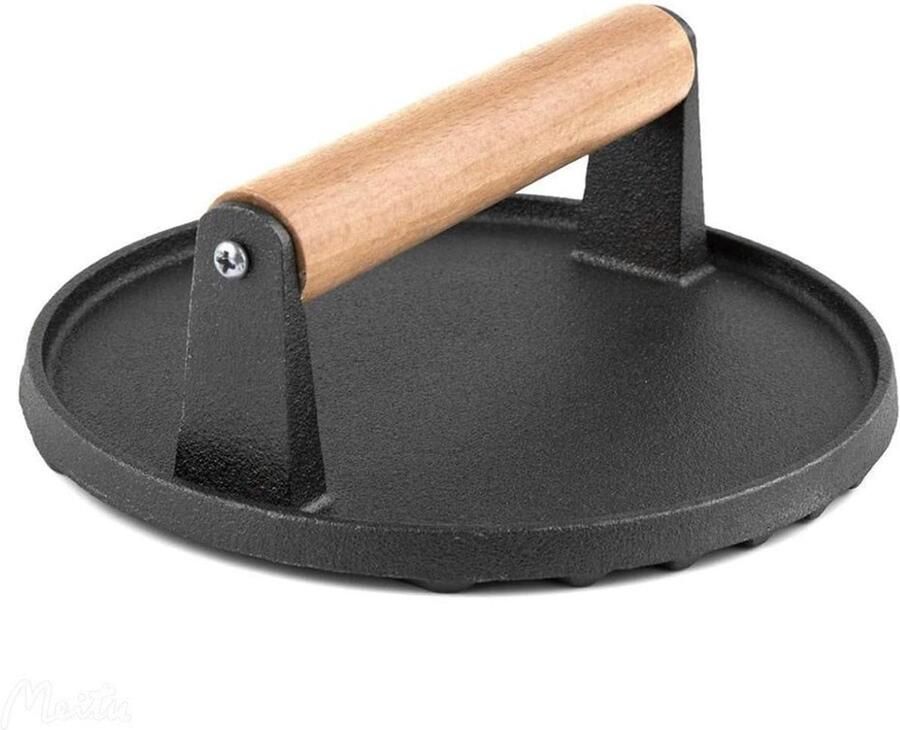 Gehaktpers Gietijzer Hamburgerpers Vlees Grillen Glad Houten Handvat Rond Oppervlak Zwart