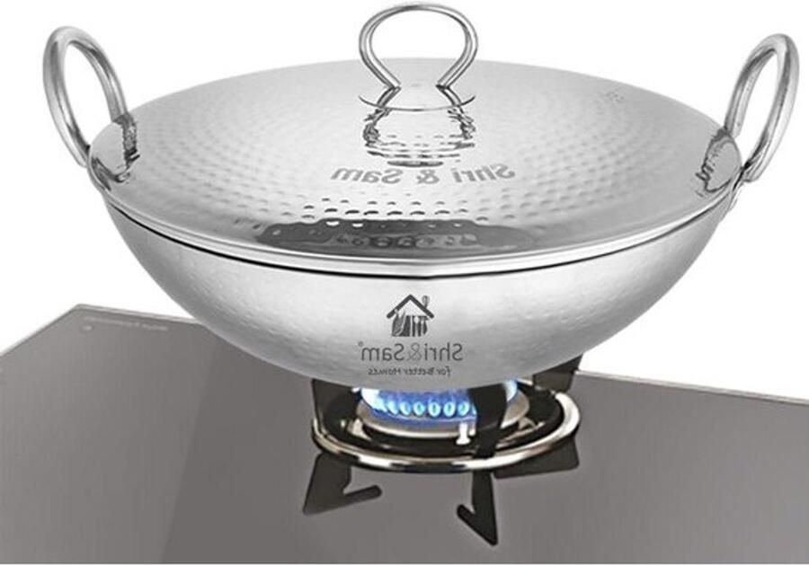 Gehamerde kadhai Pan van roestvrij staal Lekker koken Zwaar 25 mm dik 35 cm 66 liter Zilver
