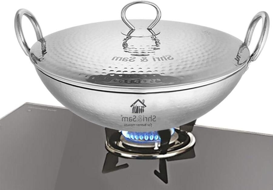 Gehamerde Kadhai Roestvrij staal pan Lekker koken Zwaar 25 mm dik 35 cm 66 liter Zilver