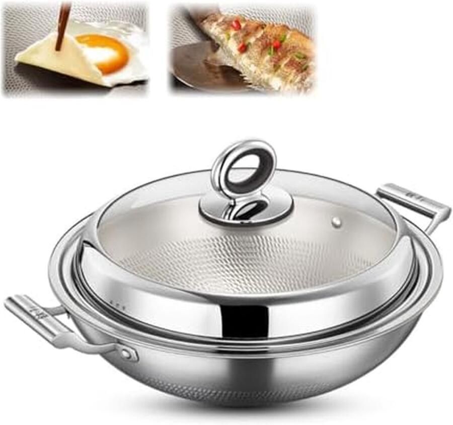 Gehamerde wok Kookpan met handgrepen Veelzijdig koken Gelijkmatige warmteverdeling Ultra-duurzaam Zilverkleurig