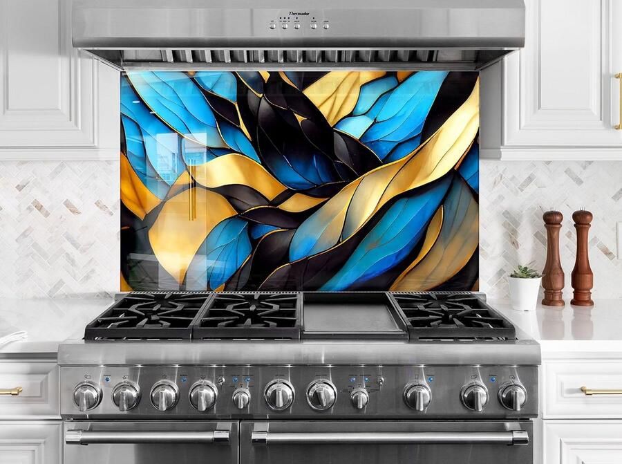 Gehard Glas Spatwand 90x90 cm Keuken Achterwand Kookplaat Blauw Gebeitst Moderne Design