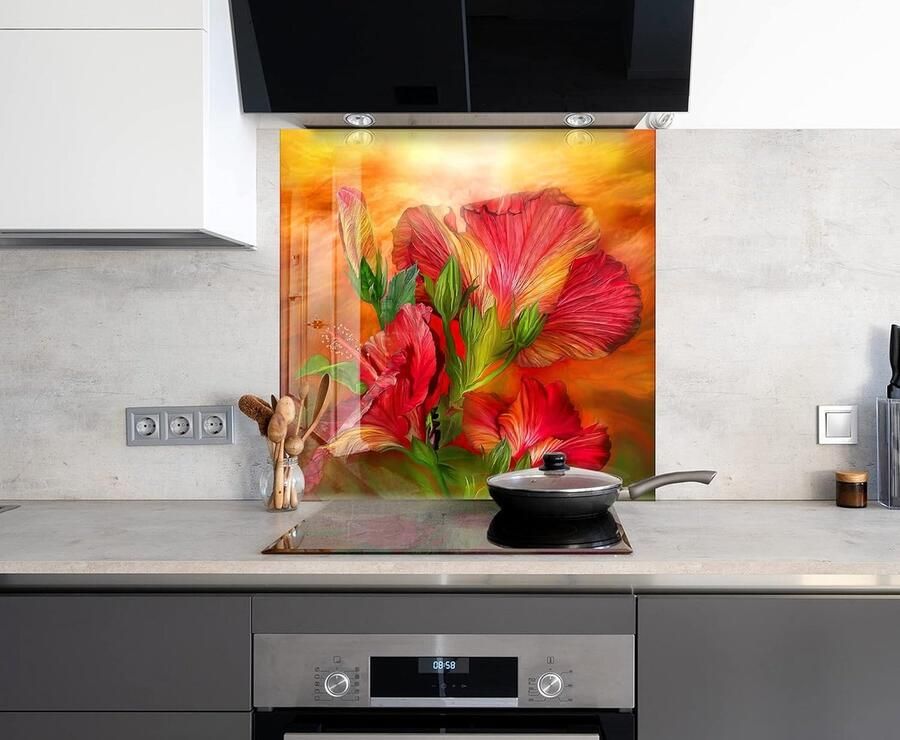 Gehard Glas Spatwand Keuken Achterwand Bescherming Kookplaat Duurzaam Materiaal 50x35cm Rood Bloem Design