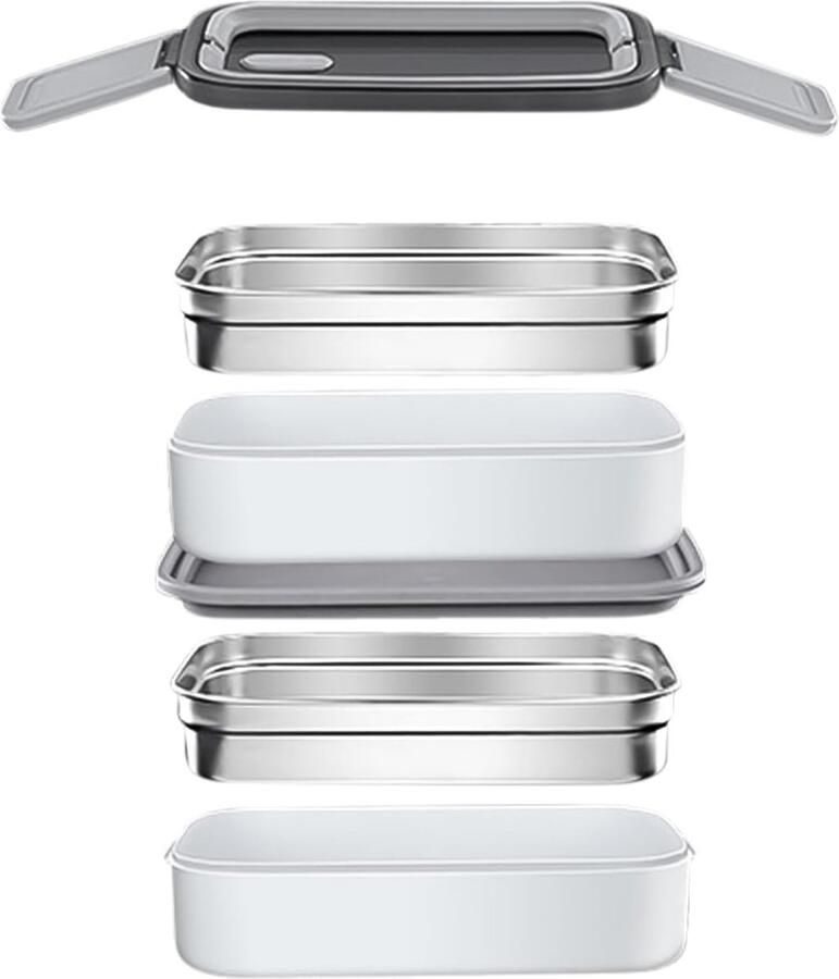 Geïsoleerde lunchbox Thermo maaltijdcontainer School kantoor picknick Dubbele verdiepingen 23x13x11 cm Grijs
