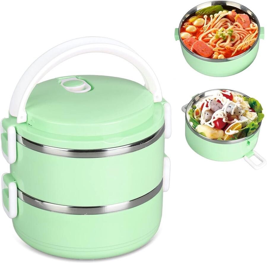 Geïsoleerde Lunchbox Thermos Voedselcontainer Warme Maaltijden Meenemen Stapelbaar Roestvrij Staal Groen