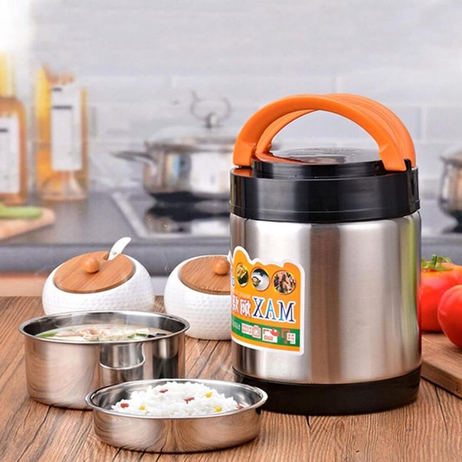 Geïsoleerde lunchbox Voedselcontainer warm Warme maaltijd onderweg Lekvrij en robuust 4300 cc inhoud Zilverkleurig