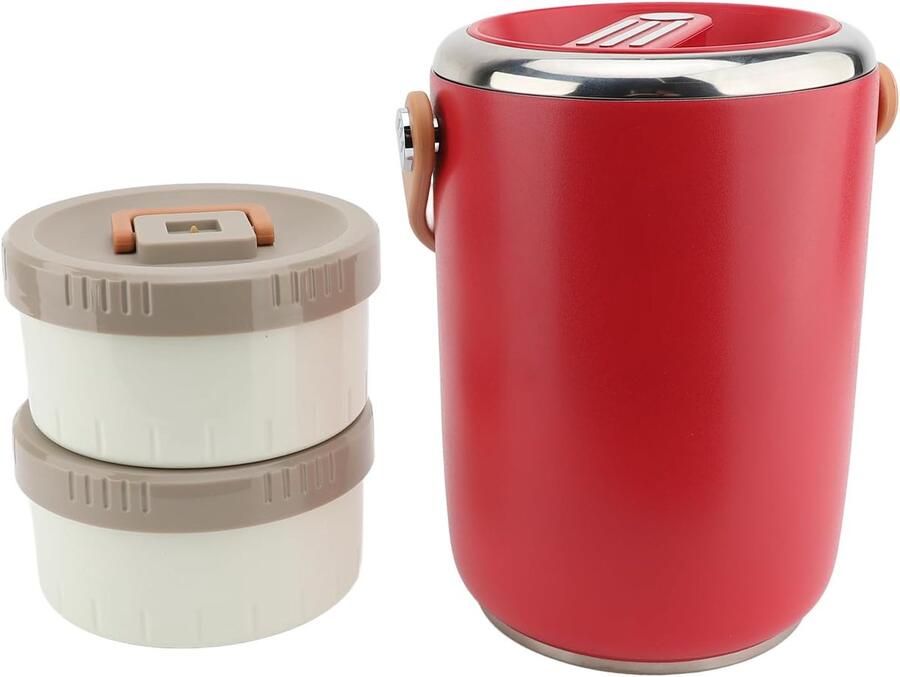 Geïsoleerde Lunchcontainer Voedselwarmer Bak Warme Maaltijden Dragen Dubbele Vacuüm Isolatie 2 Liter Inhoud Rood