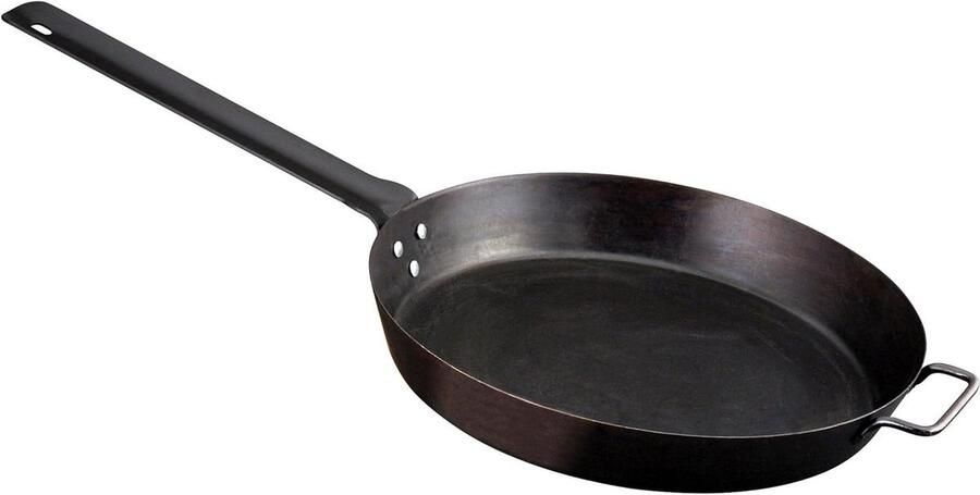 Gekruide stalen pan Grote koekenpan Groepskoken buiten Direct klaar voor gebruik 52 cm diameter Zwart