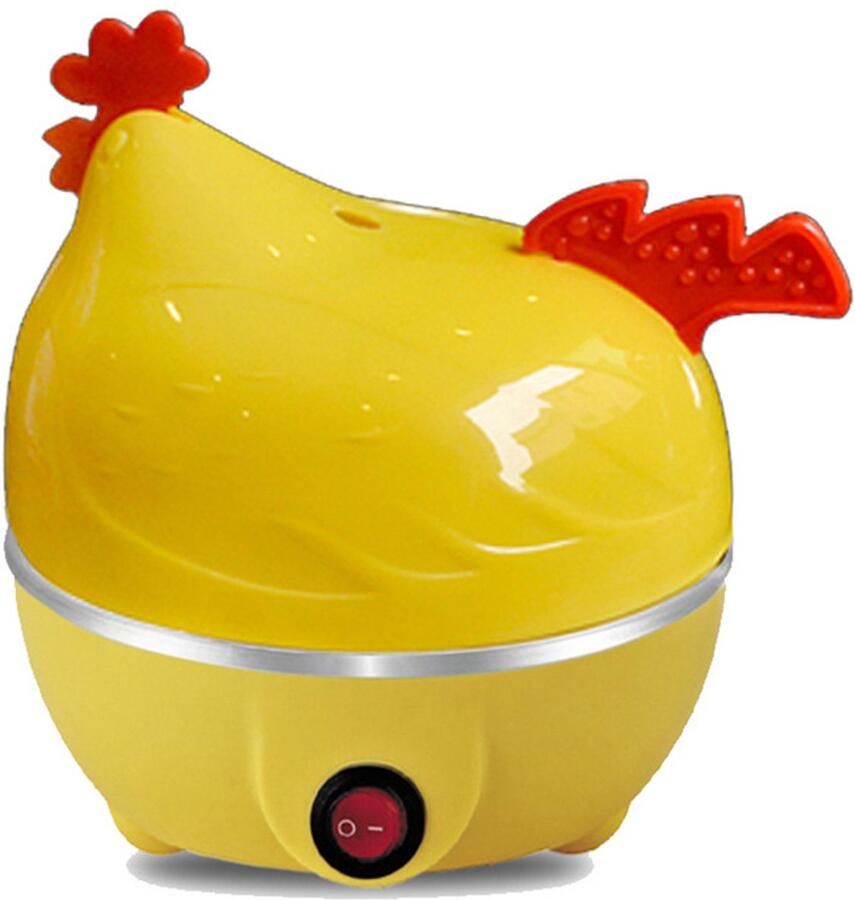Gele cartoon-hen eierkoker 350W thuisgebruik met anti-droogkookbeveiliging mini ontbijtstoomapparaat geschikt voor 7 eieren afmetingen ca. 160×160×165 mm maatbeker gratis meegeleverd