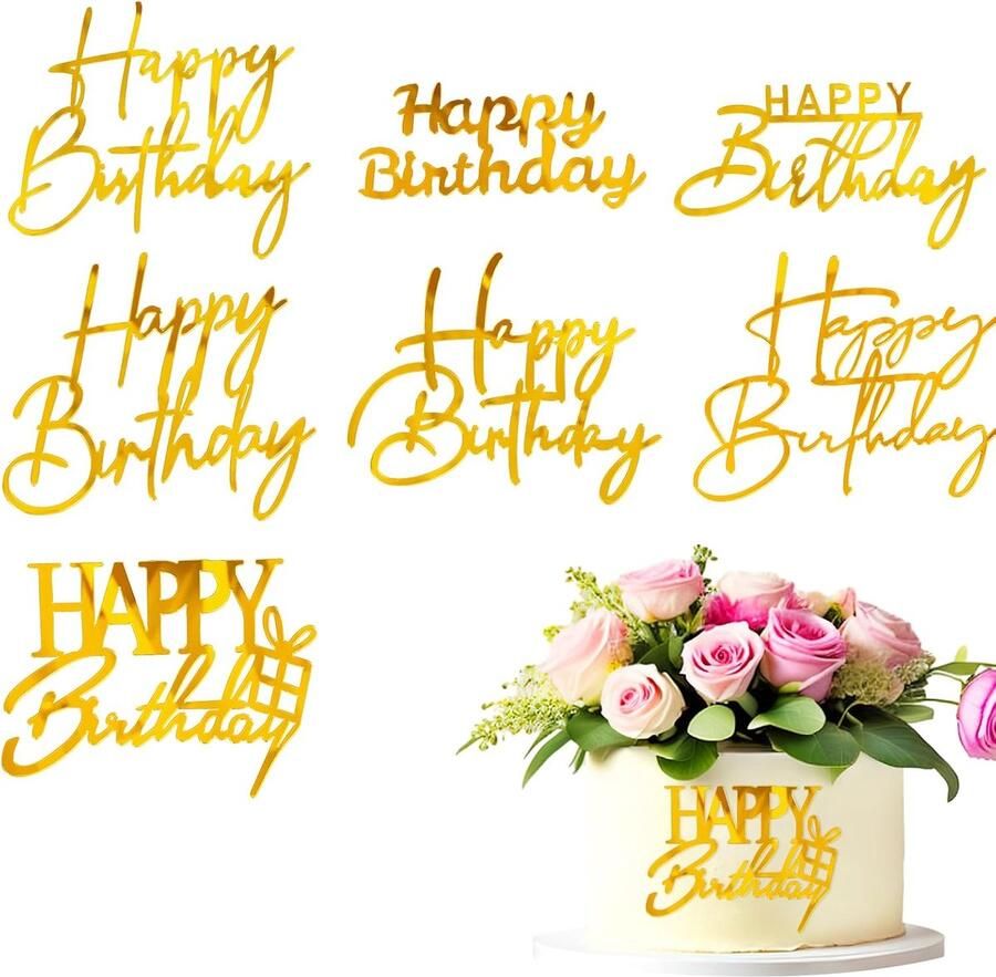 Gelukkige Verjaardag Taart Topper set van 8 stuks gouden taartdecoratie acryl spiegel taarttopper inzetstukken accessoires voor verjaardag