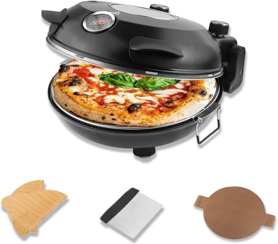 Genet7 Store Elektrische pizzaoven Pizza maker met pizzasteen en 2 thermostaatknoppen tot 420 ℃ 12 inch zwart