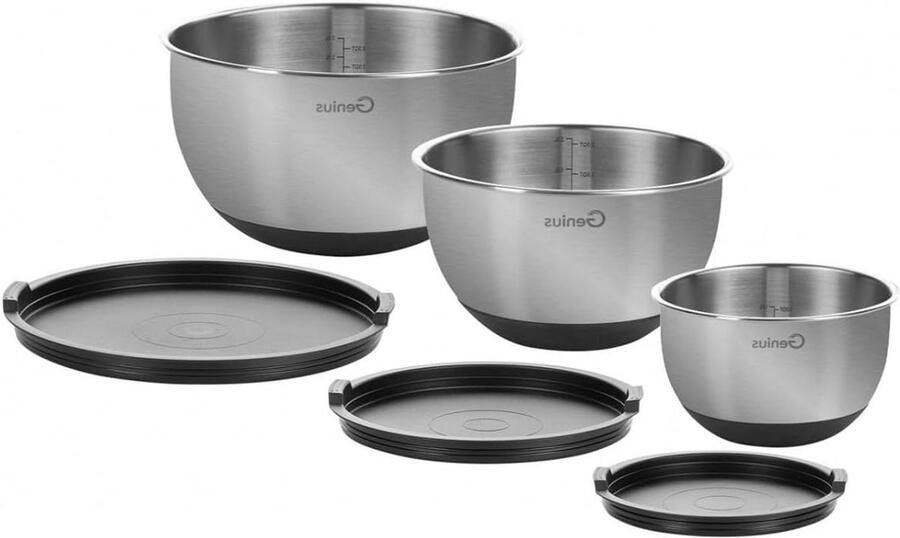 Genius 6-delige kommenset slakom roestvrijstalen kommen met deksel mengkom voor de keuken zilver zwart