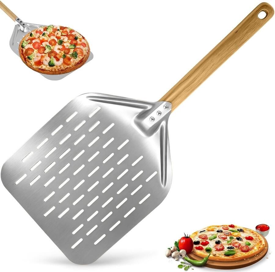 Geperforeerde pizzaschil van 12 inch met lange houten handgreep ideaal voor pizza's broden en gebak inclusief handige spatels en bakaccessoires