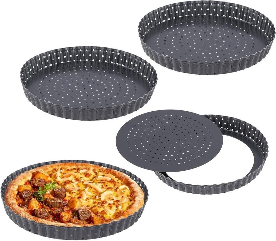 Geperforeerde quicheblikken van 20 cm Antiaanbakvorm met losse basis voor pizza quiches en cheesecakes koolstofstaal rond en gecanneleerd set van 4 stuks