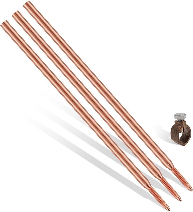 Geplateerde aardstaaf voor diepe aarde diameter 16 mm koolstofstaal 254um (norm UL-467) rode koperen coating (set met silicium bronzen klem 3M Ø 16 (3 x 1000 mm))
