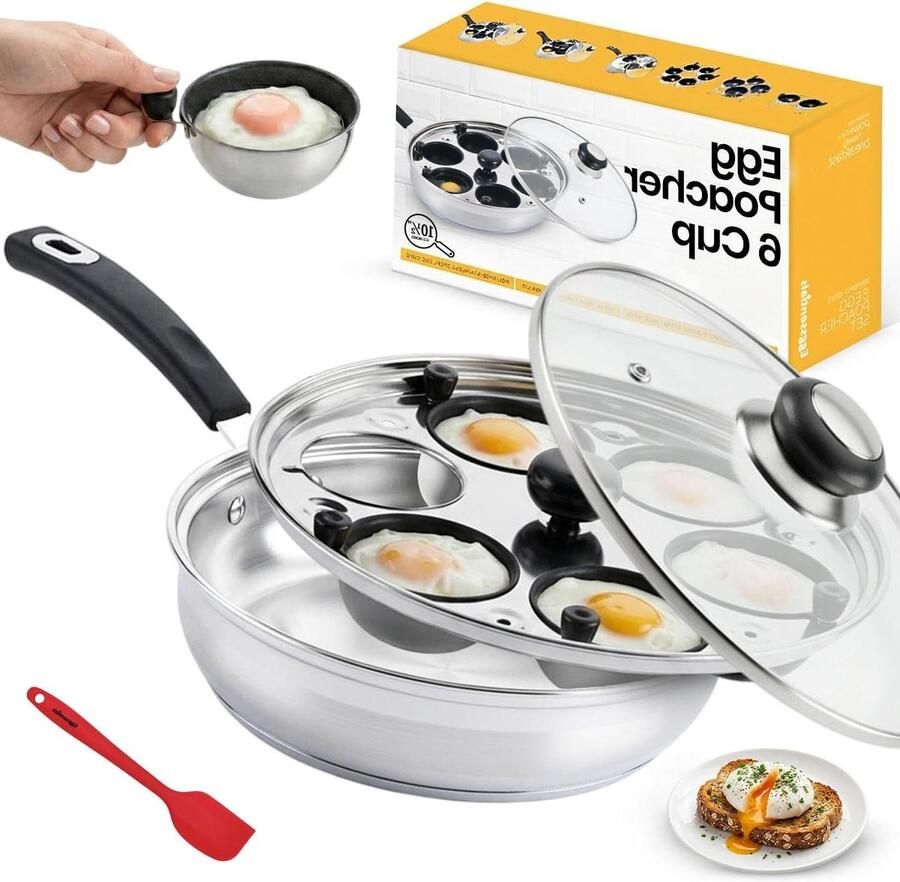 Gepocheerde eiermaker Eierstroper pan Ontbijt bereiden PFOA vrije antiaanbaklaag 6 XL kopjes Zilver