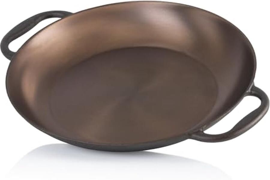 Gepolijste gietijzeren paella pan 35 cm ovenbestendig met handgrepen