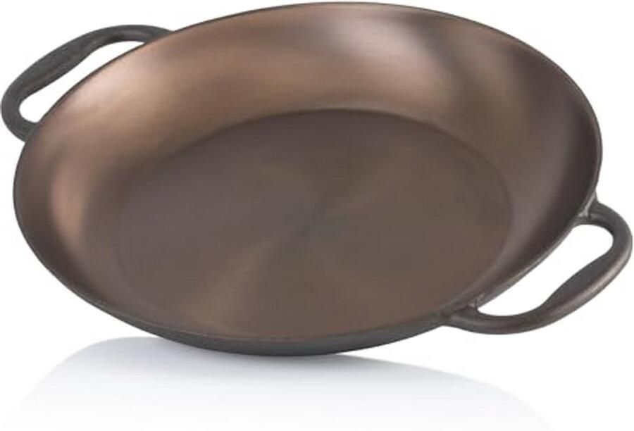 Gepolijste gietijzeren paella pan 35 cm ovenbestendig met handgrepen