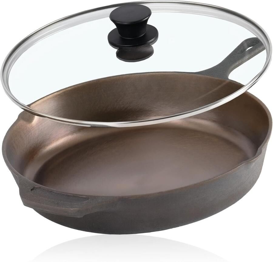 Gepolijste gietijzeren pan Braadpan met deksel Gelijkmatig koken Twee schenktuiten 295 cm Zwart