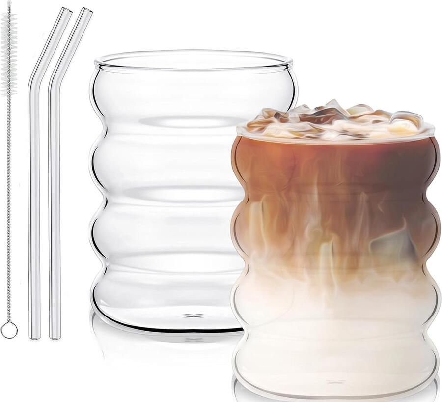 Geribbelde glazen 300 ml koffieglazen set van 2 met glazen rietjes geribbelde drinkglazen Wave glas voor gastronomie water sap bier universele glazen