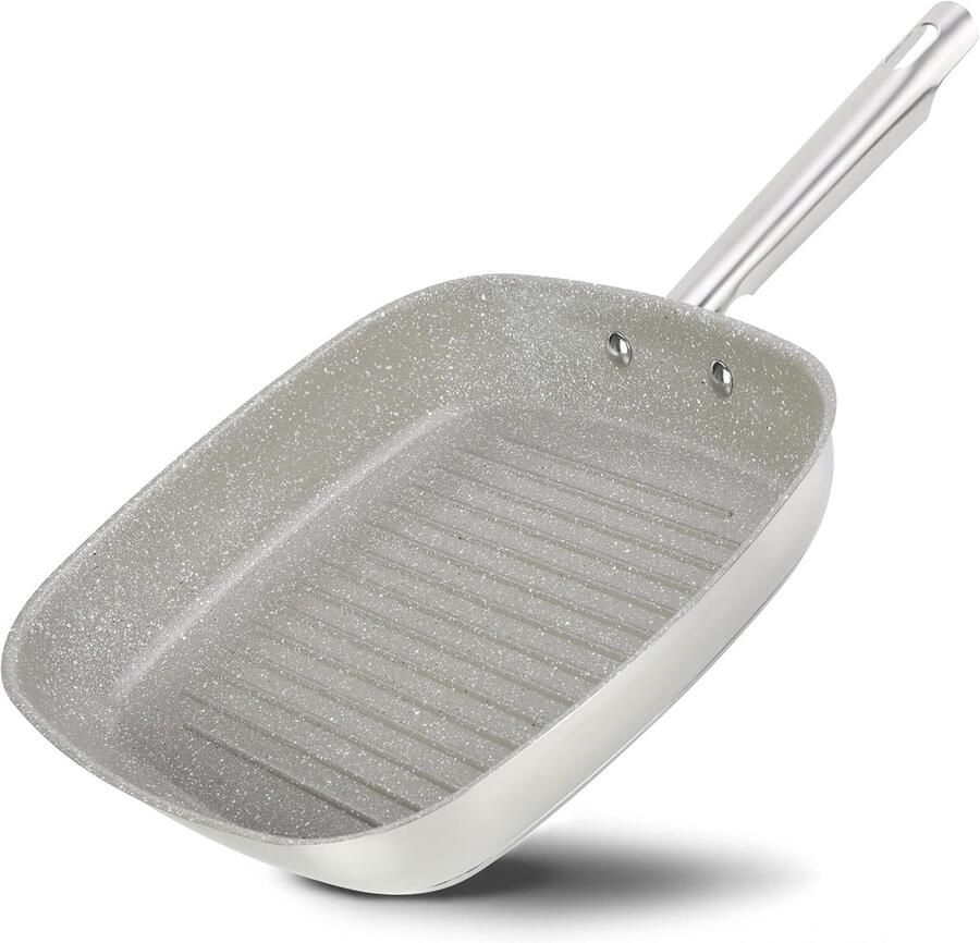 Geribbelde Grillpan Inductie 28 x 28 cm RVS Steakpan met Keramische Coating Ovenbestendig en Geschikt voor Alle Warmtebronnen PFAS- & PTFE-vrij (Natura 28 cm)