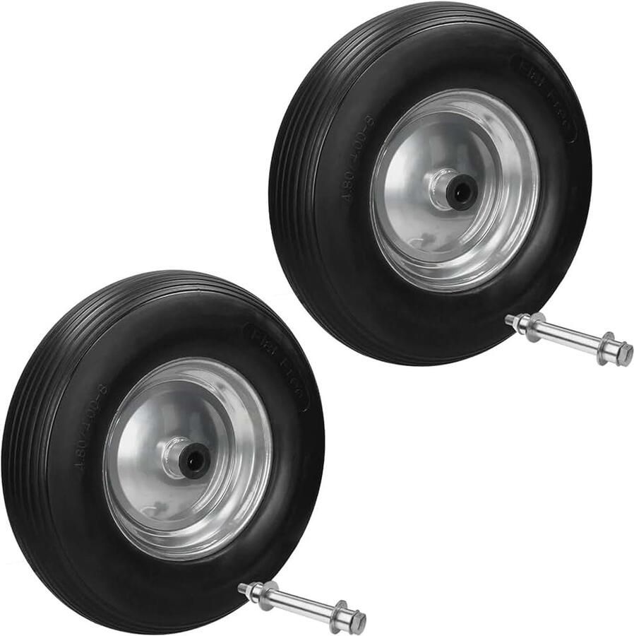 Germany 2x Kruiwagenwiel gemaakt van lekbestendig PU massief rubber met as banden met stalen velg 4.80 4.00-8 diameter 390 mm zwart reservewiel rubberen kruiwagenwiel