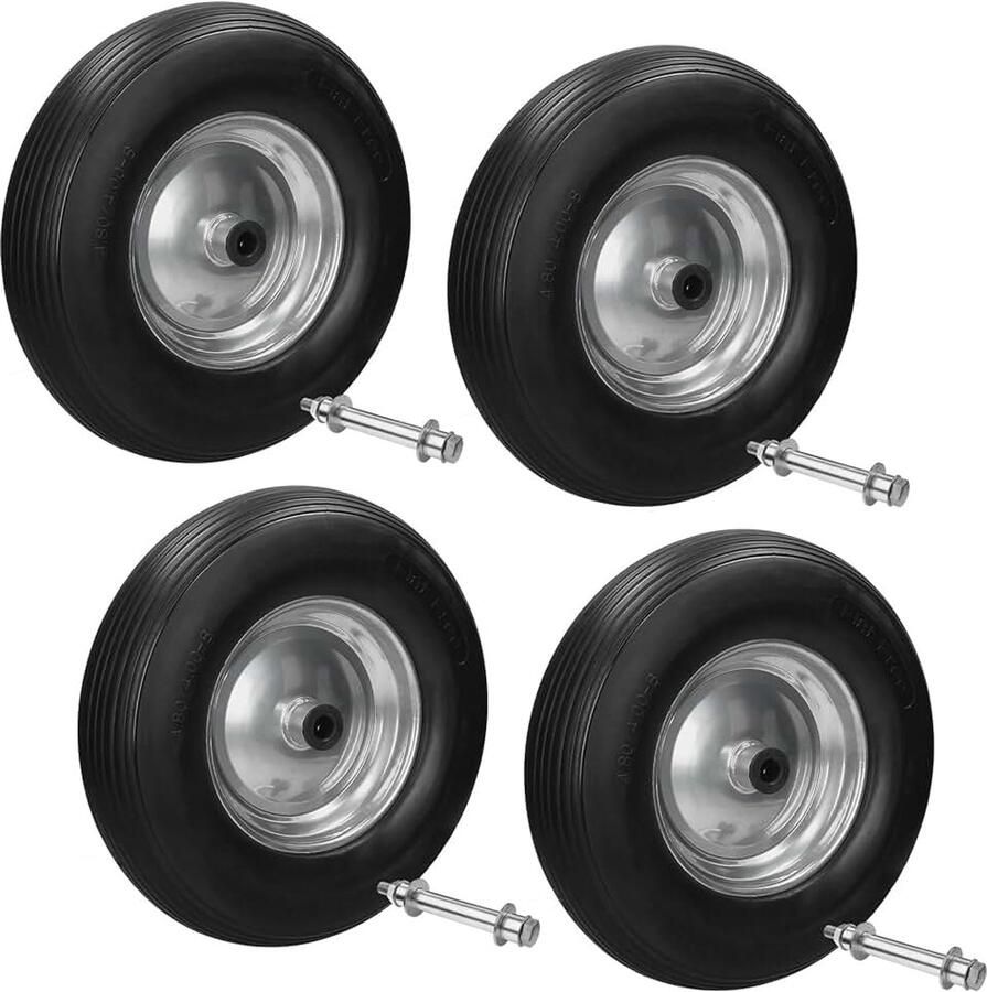 Germany 4x Kruiwagenwiel gemaakt van lekbestendig PU massief rubber met as banden met stalen velg 4.80 4.00-8 diameter 390 mm zwart reservewiel rubberen kruiwagenwiel