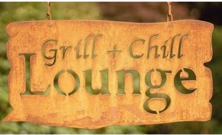 Geroest Tuinschild Grill + Chill Lounge 24 x 46 cm Patina Bord voor BBQ en Grillen