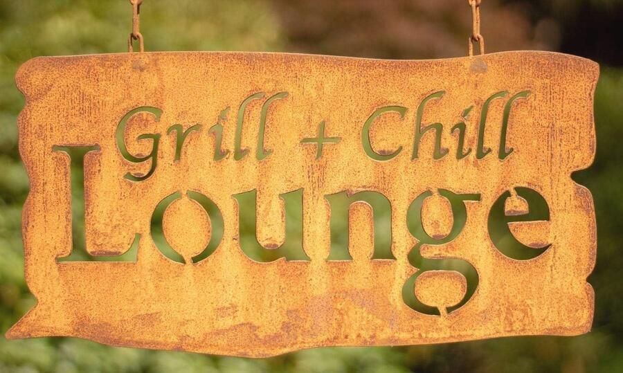 Geroest Tuinschild Grill + Chill Lounge 24 x 46 cm Patina Bord voor BBQ en Grillen