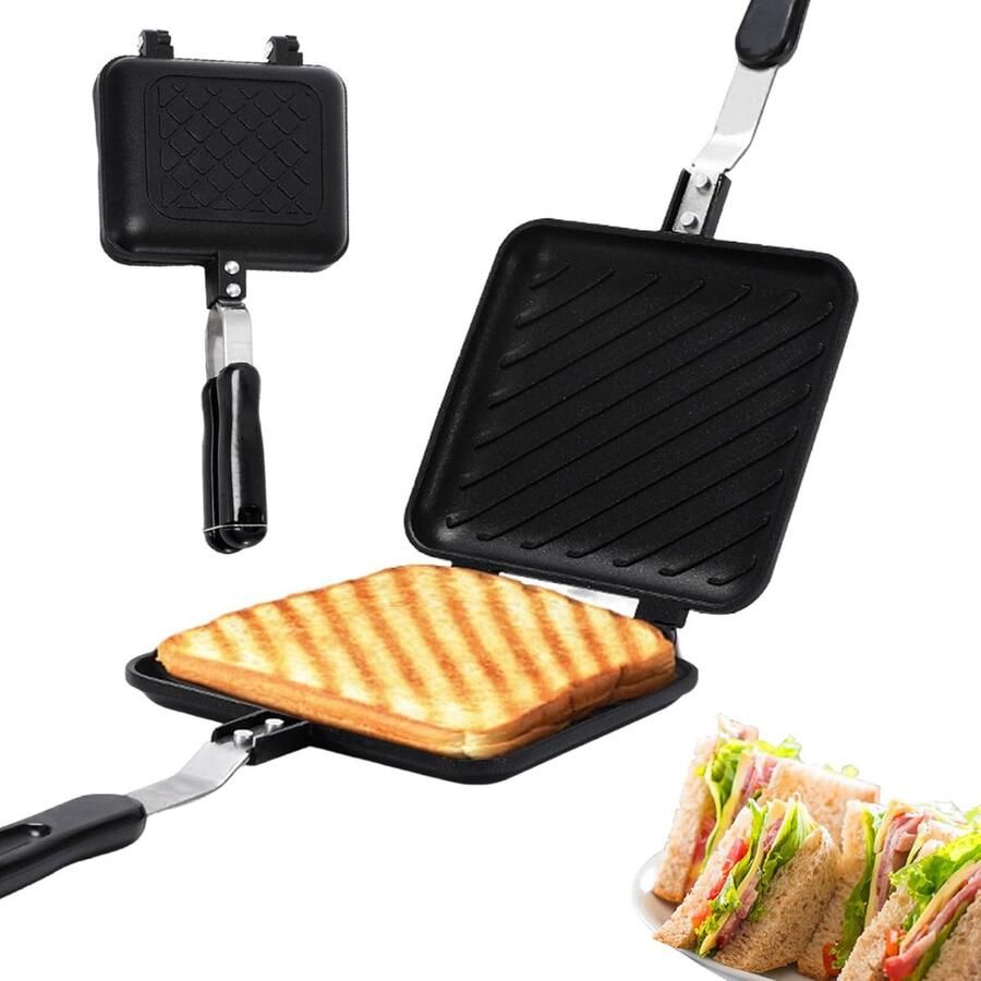Geroosterde Tosti Maker Sandwich Pers Ontbijt Maken Dubbelzijdig Gelijkmatig 36x15 cm Zwart
