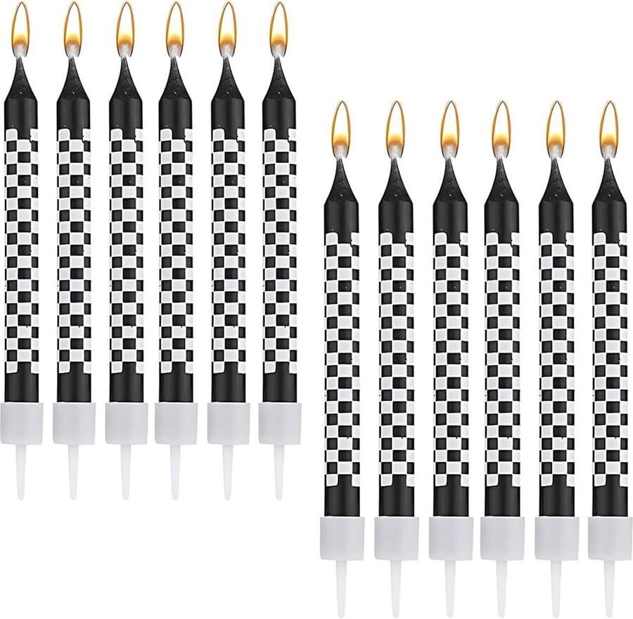 Geruite verjaardagskaarsen 12 stuks racewagenthema taartdecoratiekaarsen taartkaarsen met ruitpatroon stabiele paraffinekaarsen voor verjaardagsfeest kinderfeest