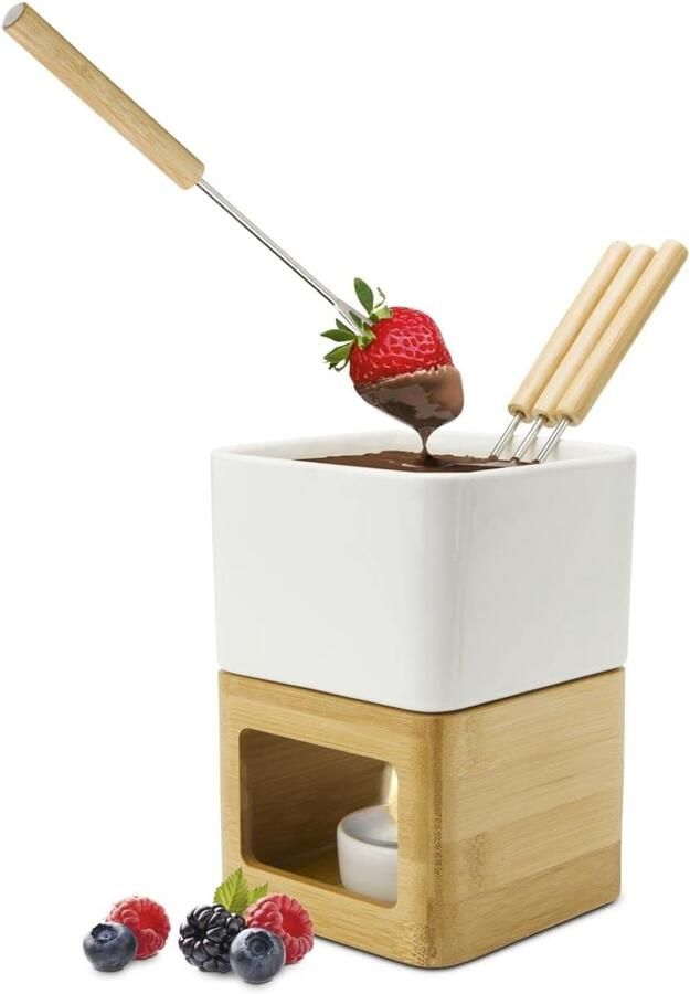 Geschenkartikel Chocoladefondue Grijstinten 11 x 11 x 15 cm Keramische Fondueset met Houten Piksers Voor Dames en Heren