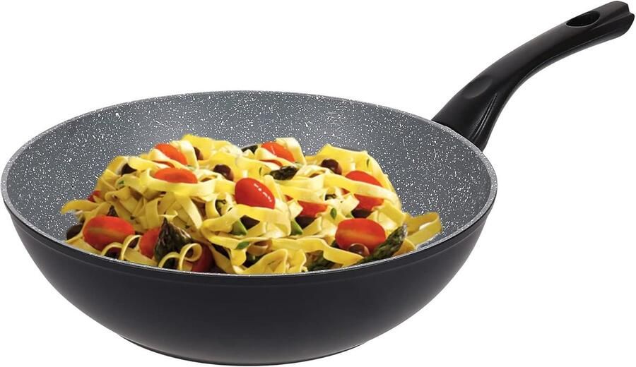 Gesmede Aluminium Wok Chinese Koekenpan Authentiek Koken Snelle Gelijkmatige Warmte 28 Centimeter Diameter Zwart