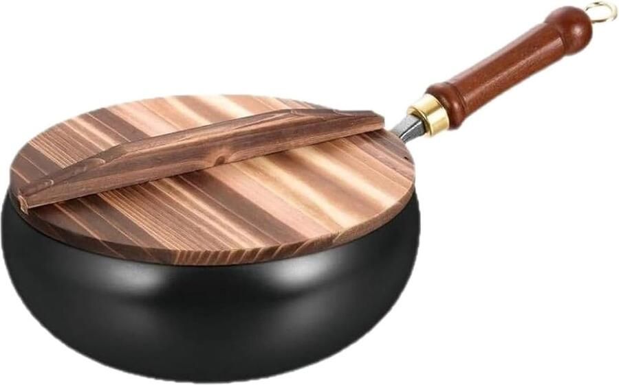 Gesmede ijzeren pan Handgemaakte wok Dagelijks koken Natuurlijke antiaanbaklaag Met houten deksel Zwart