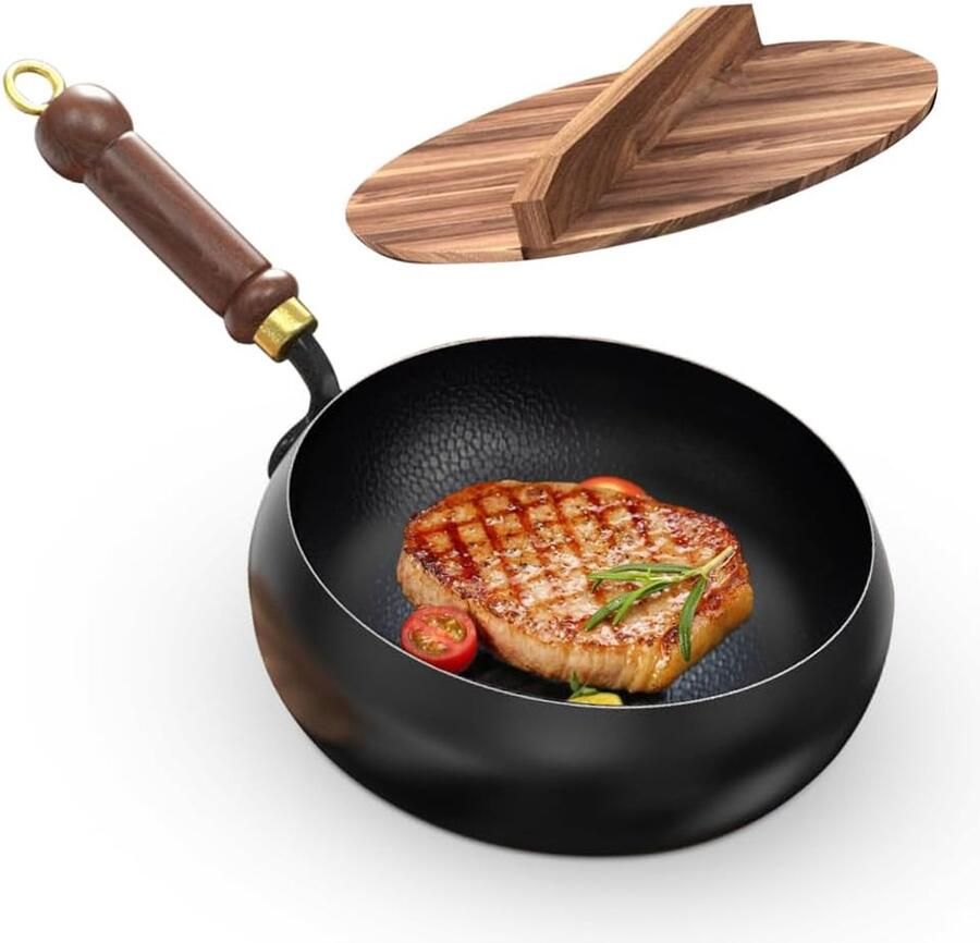 Gesmede ijzeren pan Handgesmede pan Koken en braden Natuurlijke anti-aanbaklaag 30 cm Zwart