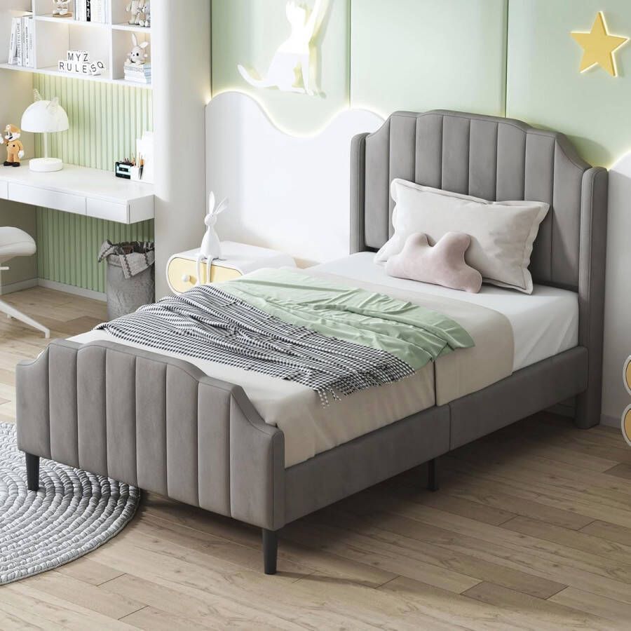 Gestoffeerd eenpersoonsbed 90 x 200 cm met bedlade Fluwelen bedframe met lattenbodem in grijs